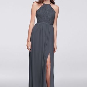 David's Bridal Pewter Open Back Lace Dress